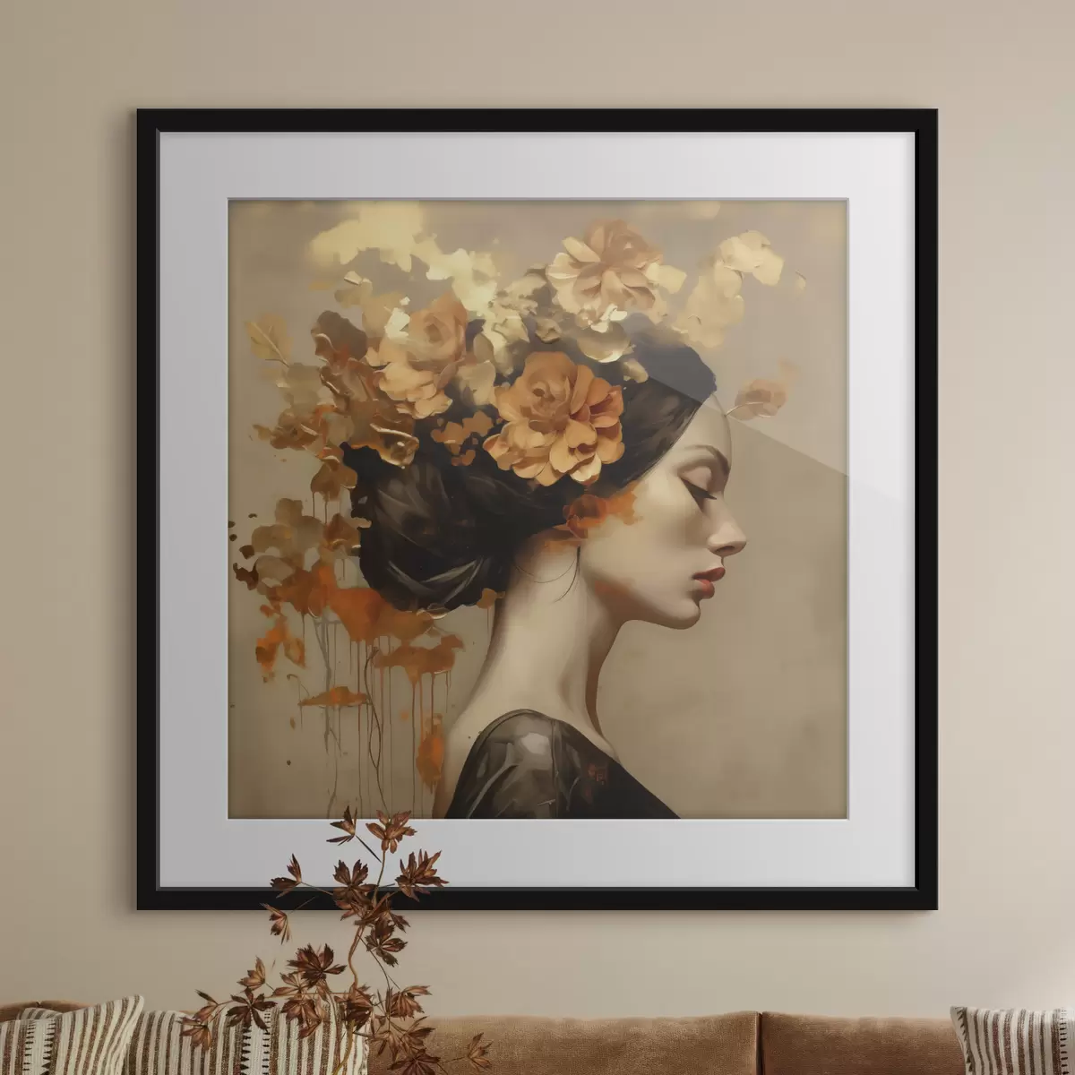 Poster Schilderij in imitatiesstijl: meisje met bloemen in haar haar f49401