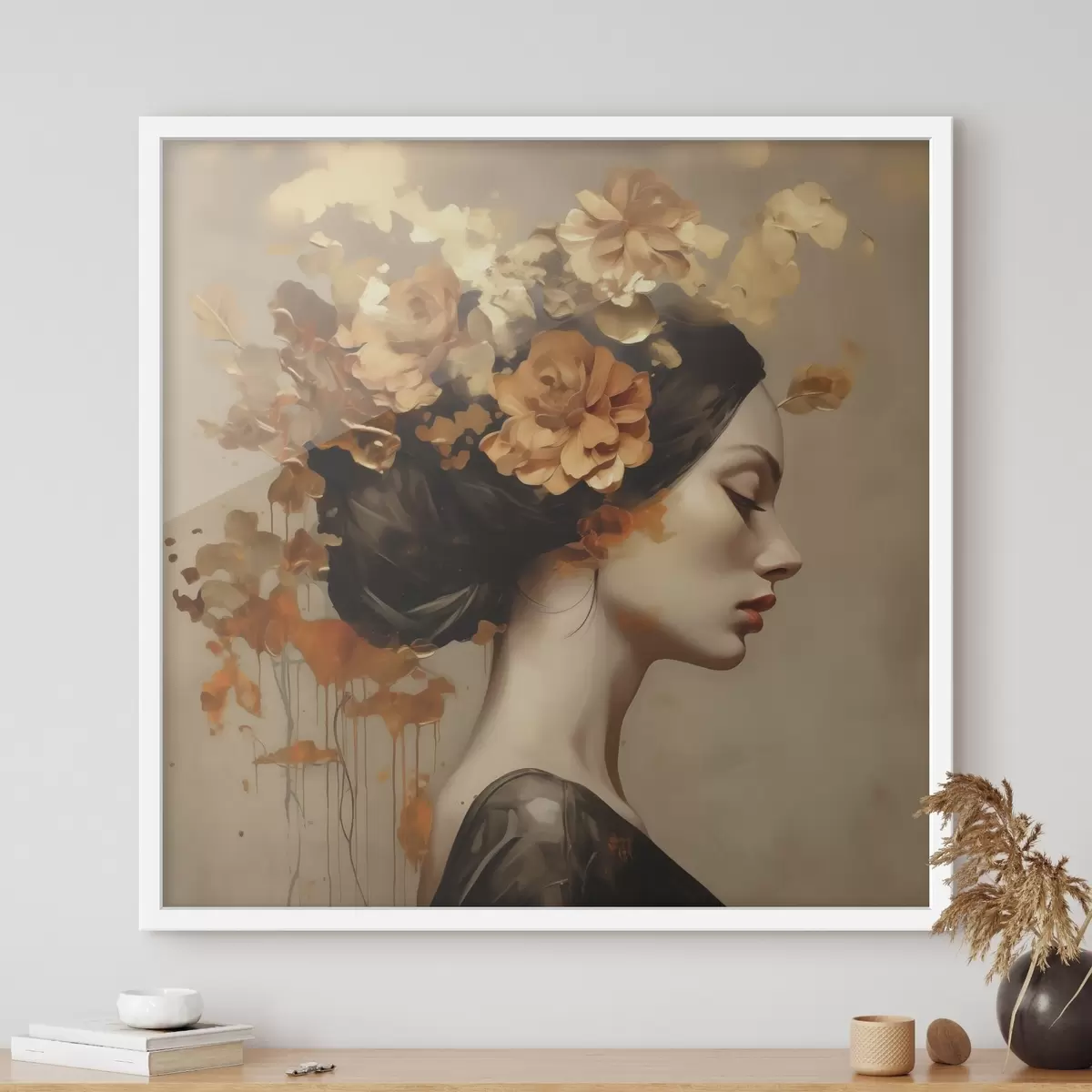 Poster Schilderij in imitatiesstijl: meisje met bloemen in haar haar f49401
