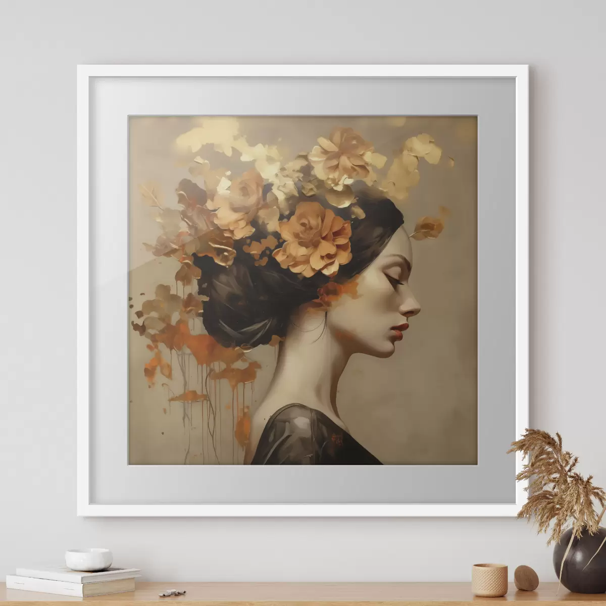 Poster Schilderij in imitatiesstijl: meisje met bloemen in haar haar f49401