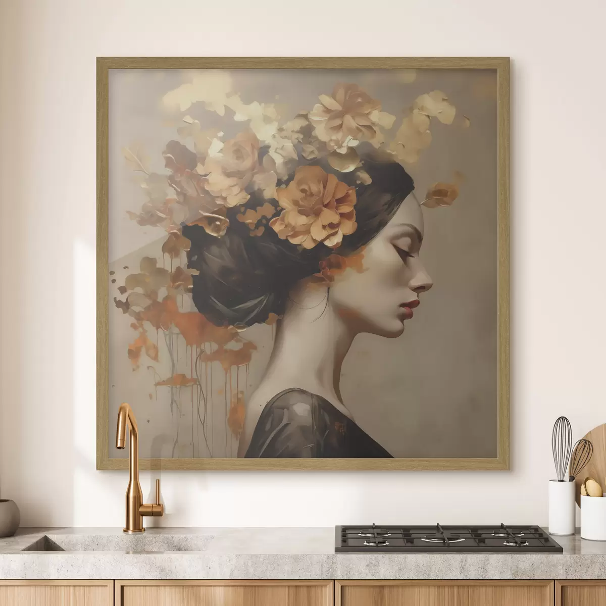 Poster Schilderij in imitatiesstijl: meisje met bloemen in haar haar f49401