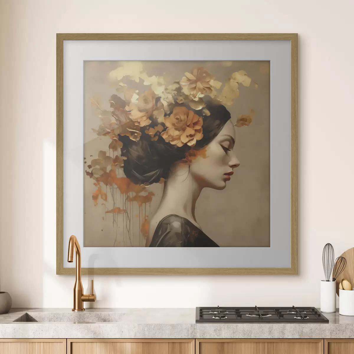Poster Schilderij in imitatiesstijl: meisje met bloemen in haar haar f49401