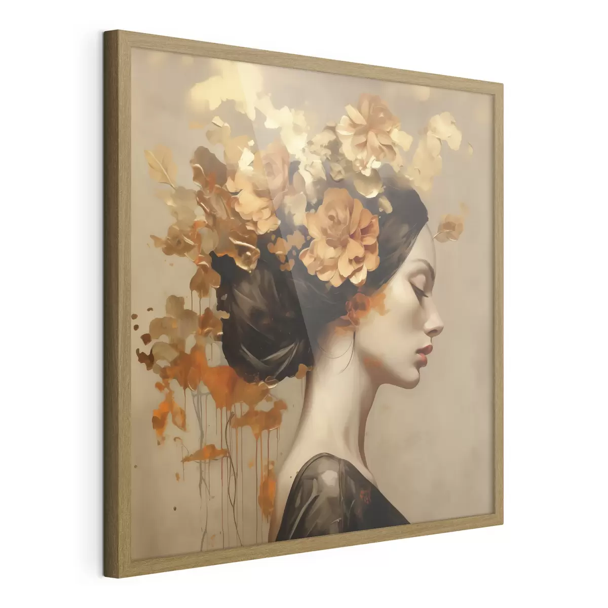 Poster Schilderij in imitatiesstijl: meisje met bloemen in haar haar f49401