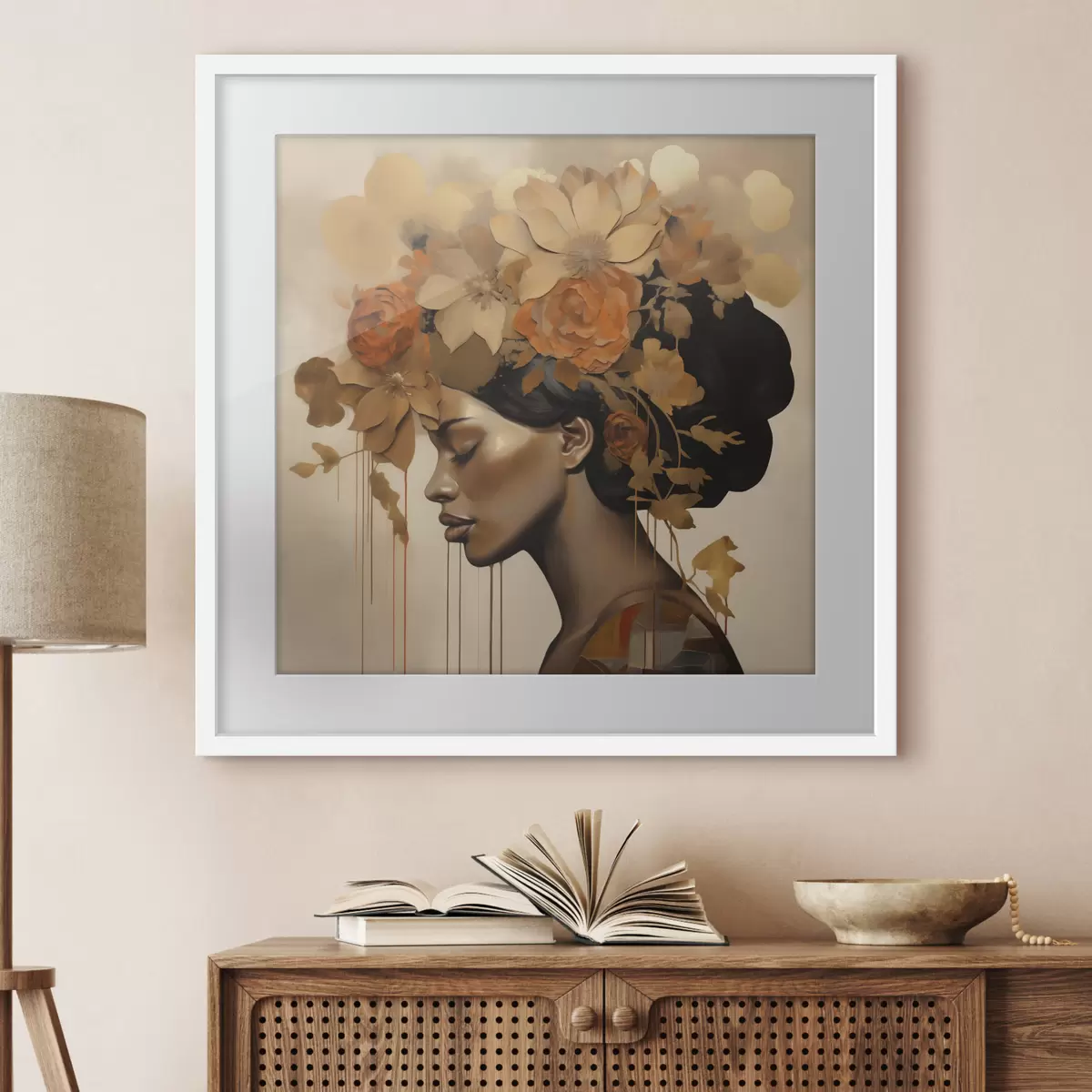 Poster Schilderij in imitatiesstijl: meisje met bloemen in haar haar f49402