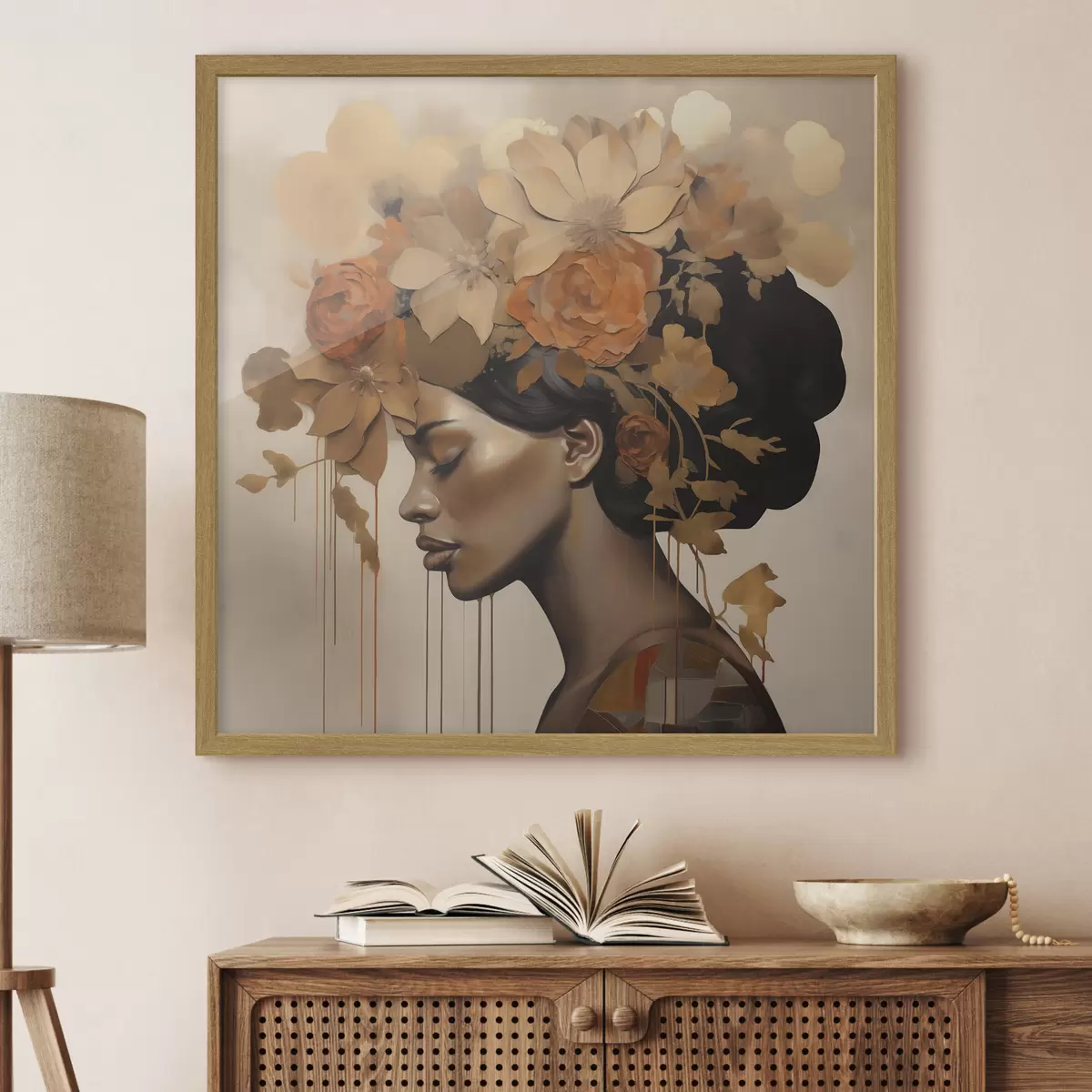 Poster Schilderij in imitatiesstijl: meisje met bloemen in haar haar f49402