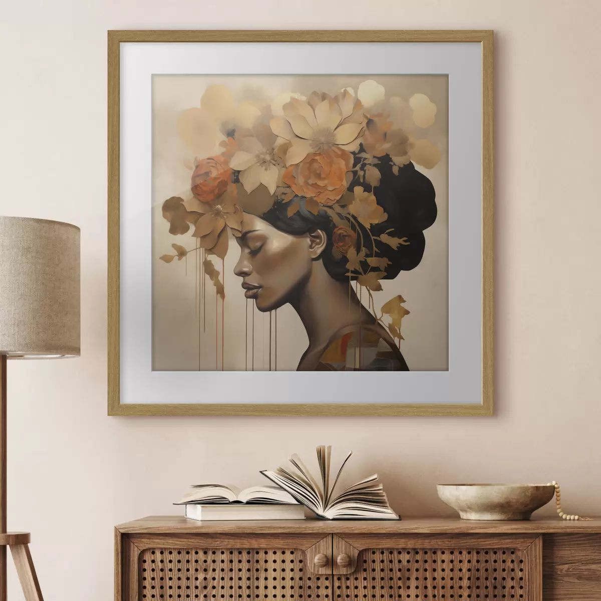 Poster Schilderij in imitatiesstijl: meisje met bloemen in haar haar f49402