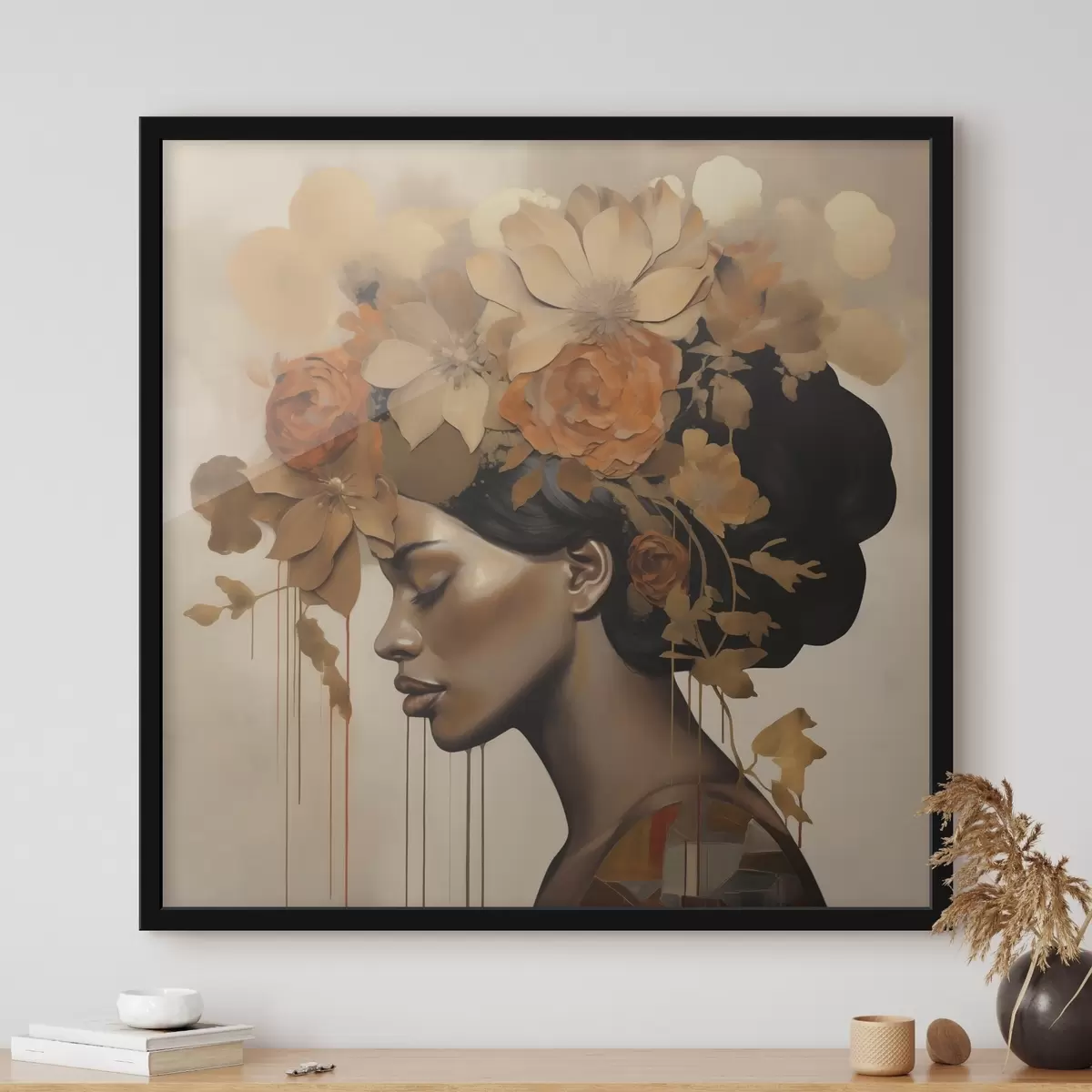 Poster Schilderij in imitatiesstijl: meisje met bloemen in haar haar f49402