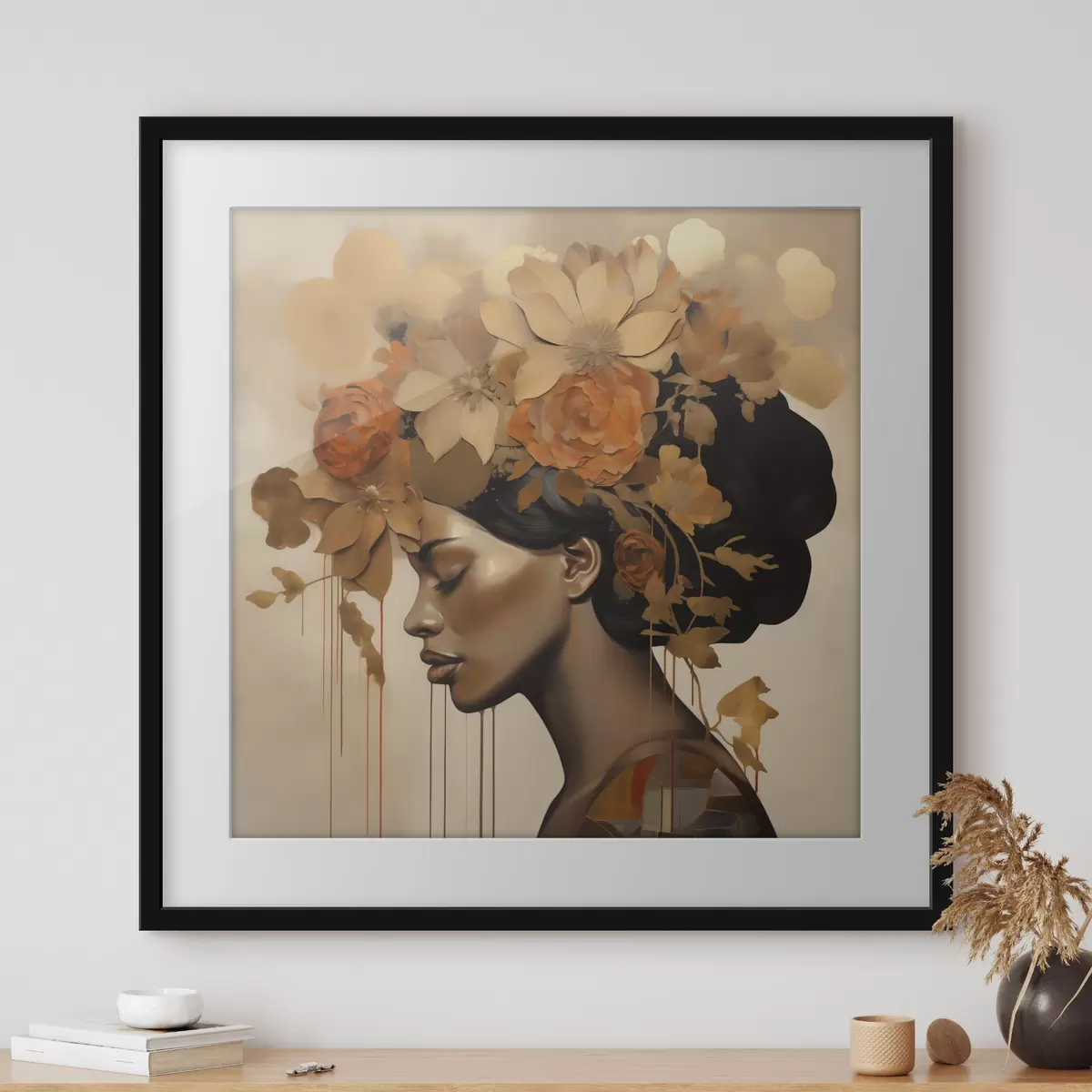Poster Schilderij in imitatiesstijl: meisje met bloemen in haar haar f49402