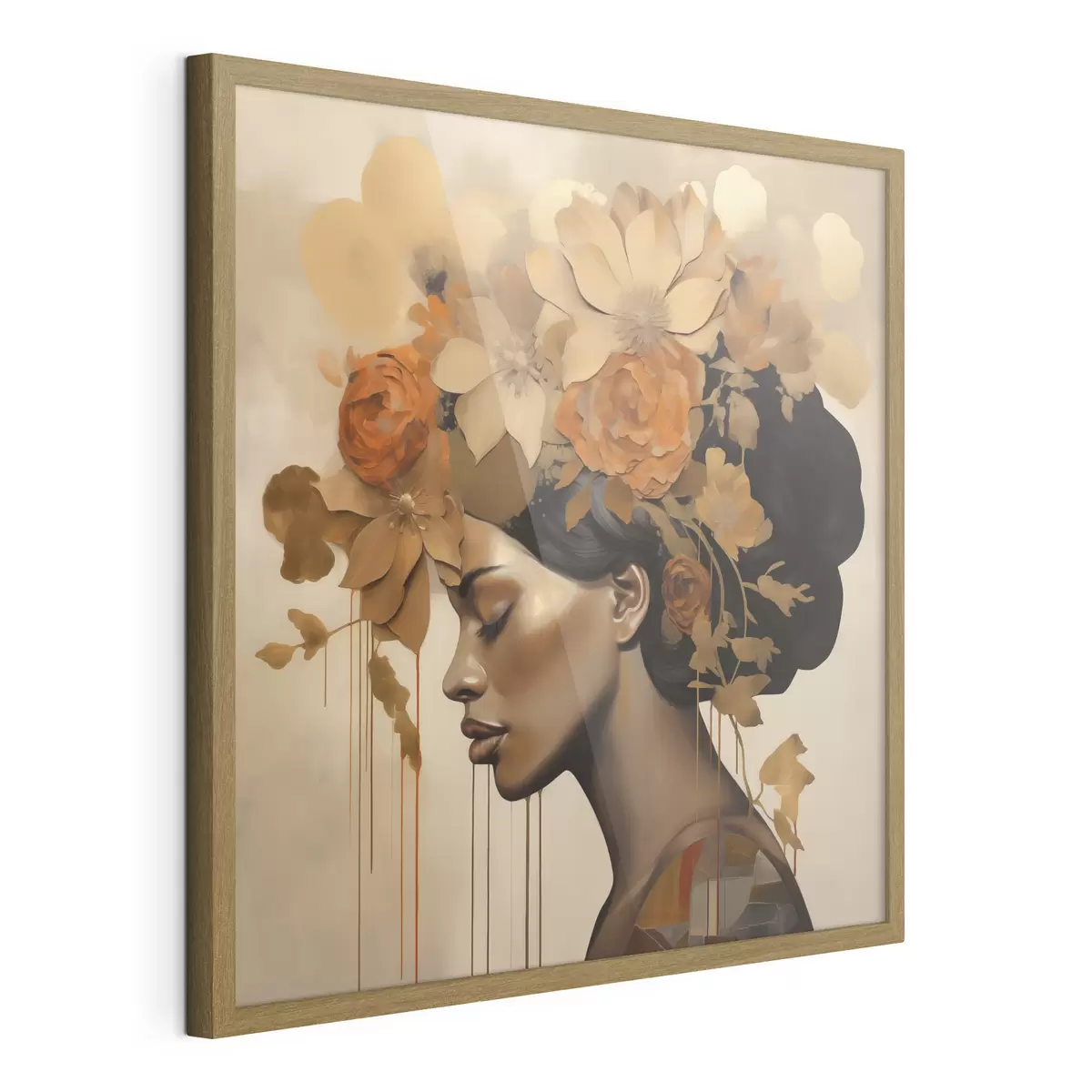 Poster Schilderij in imitatiesstijl: meisje met bloemen in haar haar f49402