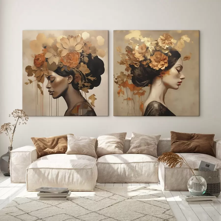 Fotobehang Schilderij in imitatiesstijl: meisje met bloemen in haar haar m30559