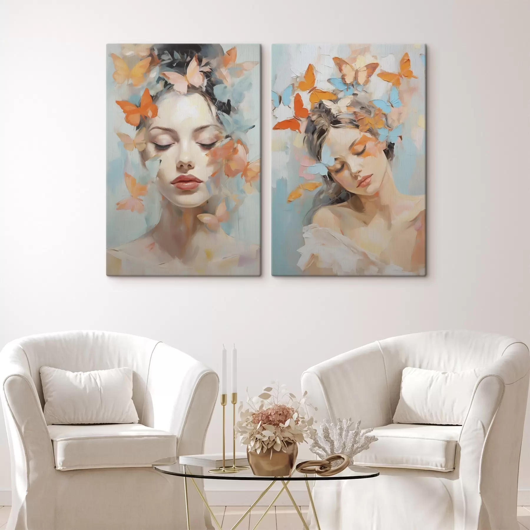  Schilderijen Abstract portret van een meisje met vlinders, schilderijimitatie m30560