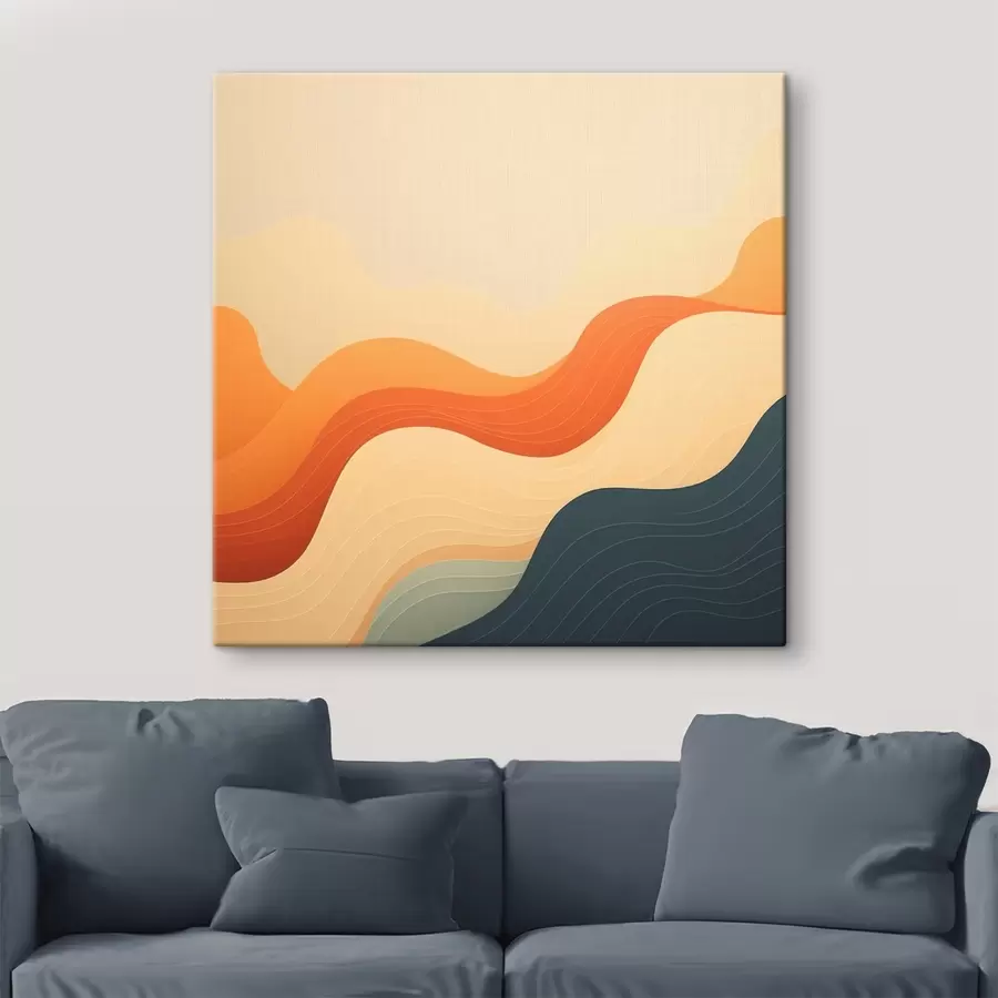  Schilderijen Een golvend landschap in een warm beige-oranje en blauw kleurenpalet, uitgevoerd in abstracte stijl s48879