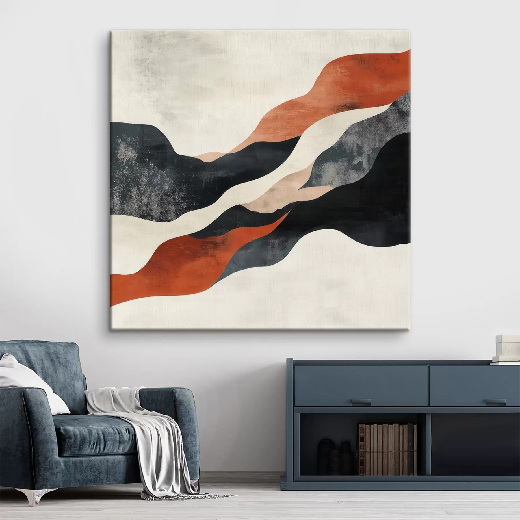  Schilderijen Abstrakt, golvend landschap in een contrasterend palet van terracotta en donkerblauw s48881