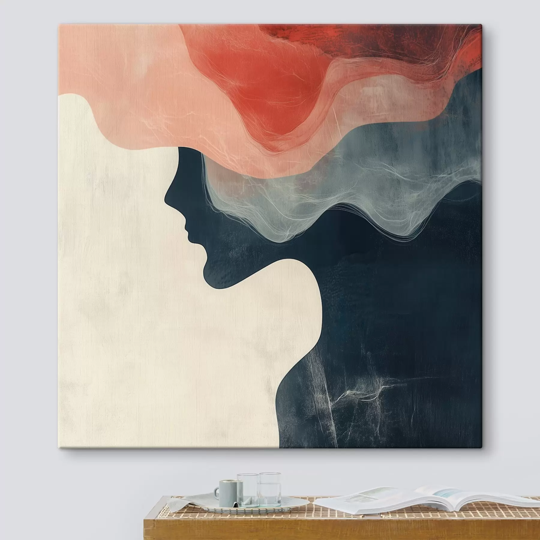  Schilderijen Abstract vrouwelijk silhouet met koraalkleurige en blauwe golven in minimalistische stijl s48882
