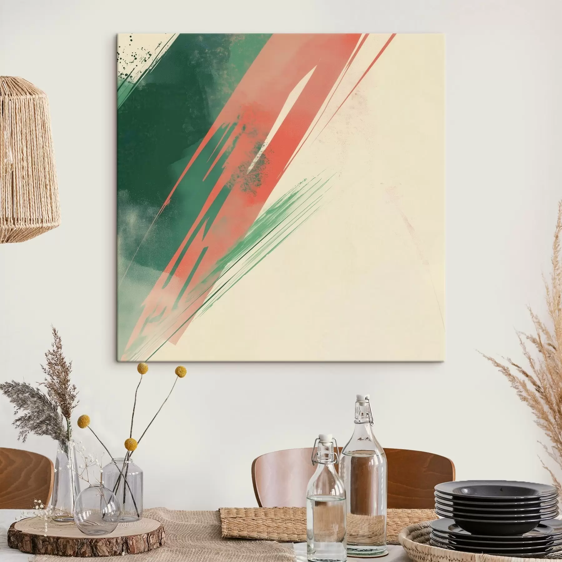  Schilderijen Abstracte dynamische compositie met expressieve groene en koraalkleurige penseelstreken s48885
