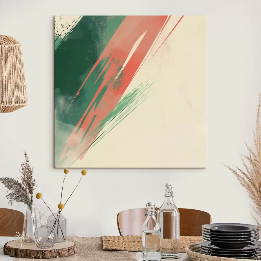  Schilderijen Abstracte dynamische compositie met expressieve groene en koraalkleurige penseelstreken s48885
