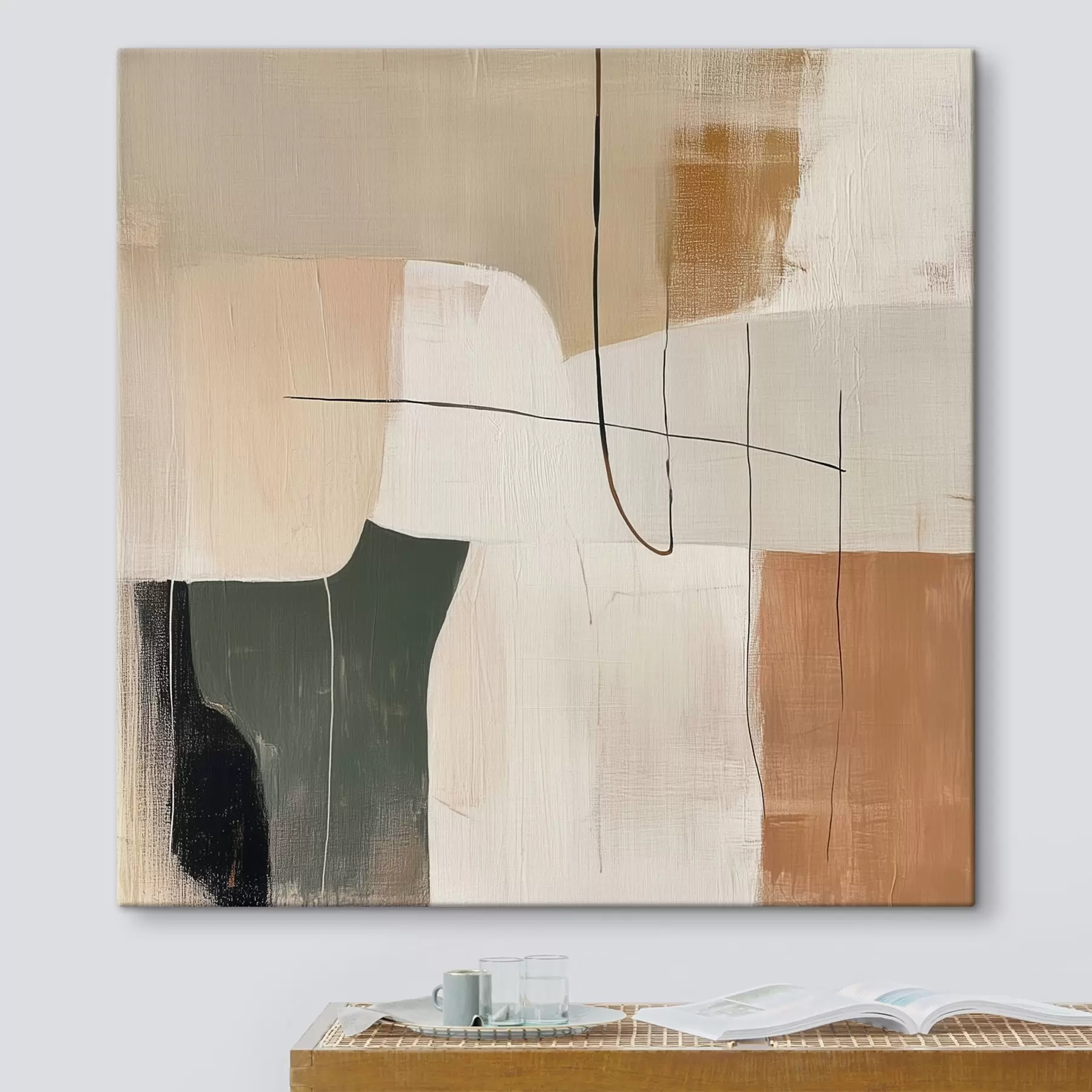  Schilderijen Abstracte schilderij voor binnen in pastel-, oker- en olijfgroene tinten s48889