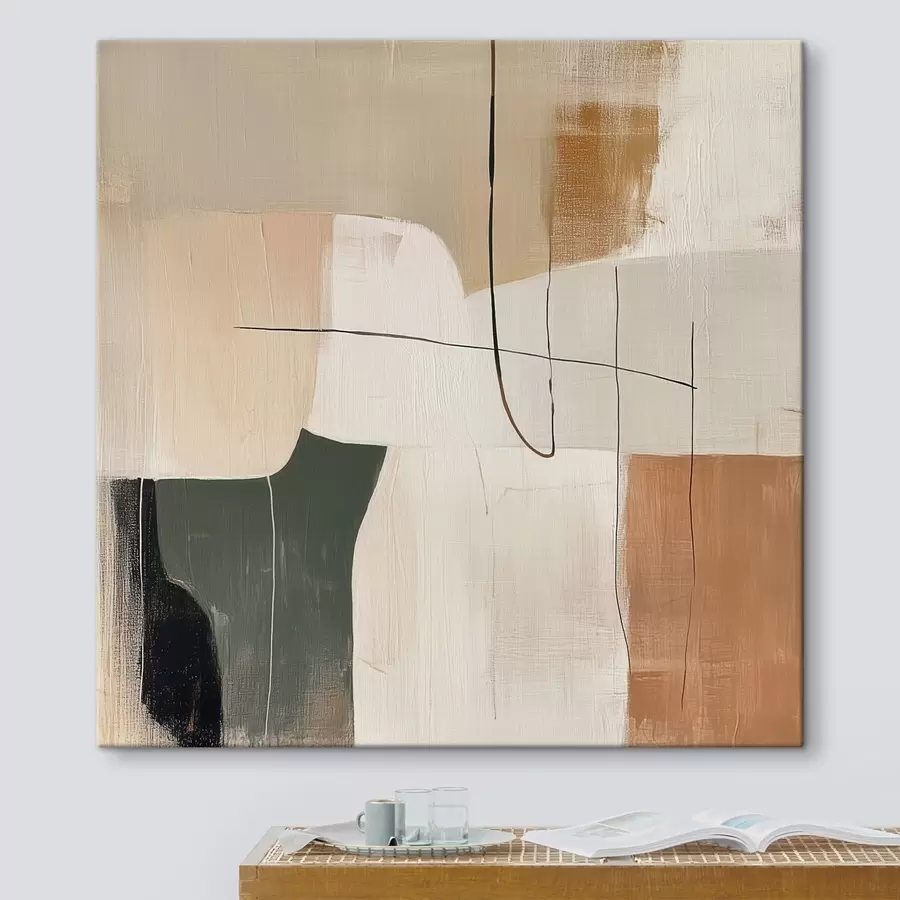  Schilderijen Abstracte schilderij voor binnen in pastel-, oker- en olijfgroene tinten s48889