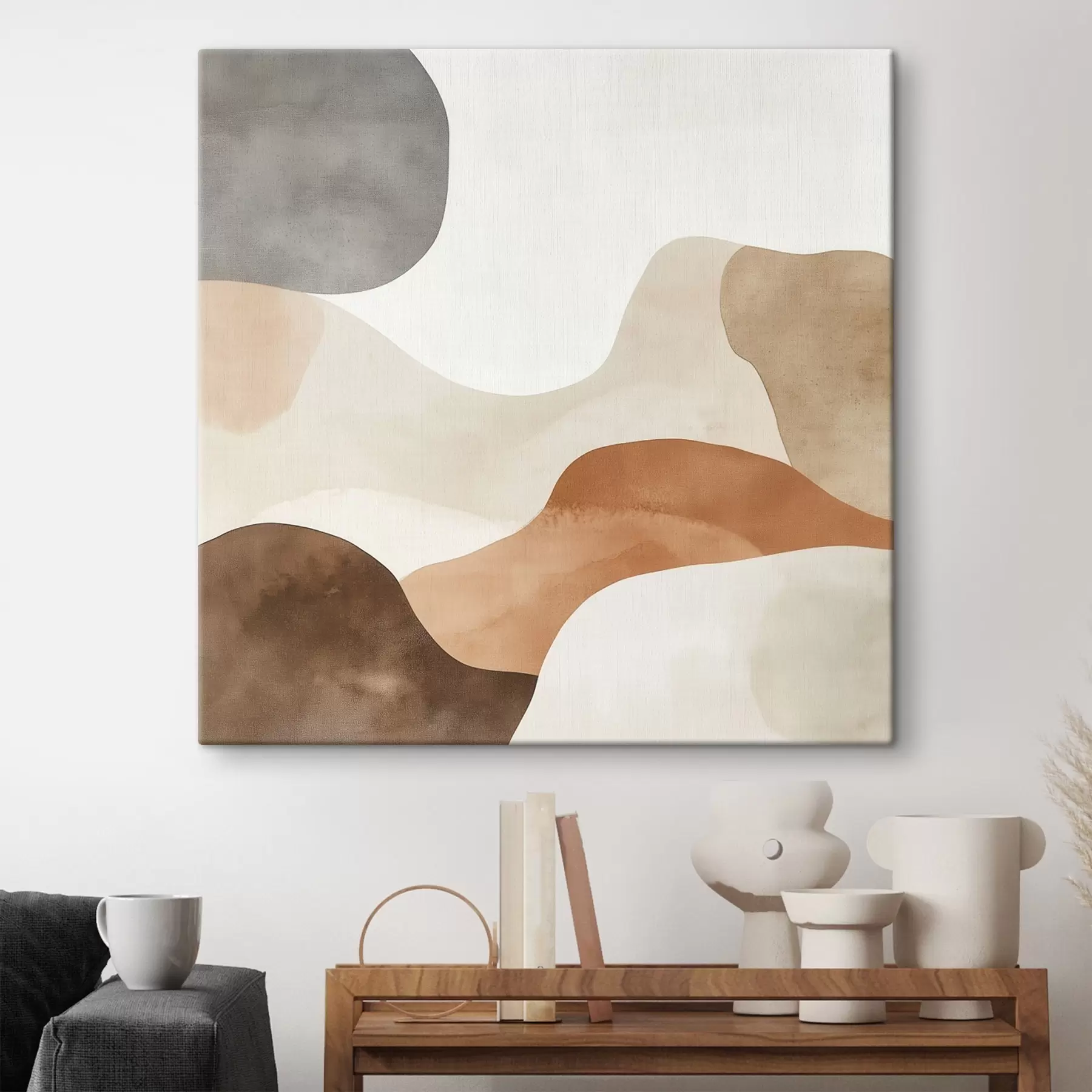  Schilderijen Abstrakt landschap met vloeiende lijnen in een warm beige-bruin kleurenpalet s48893
