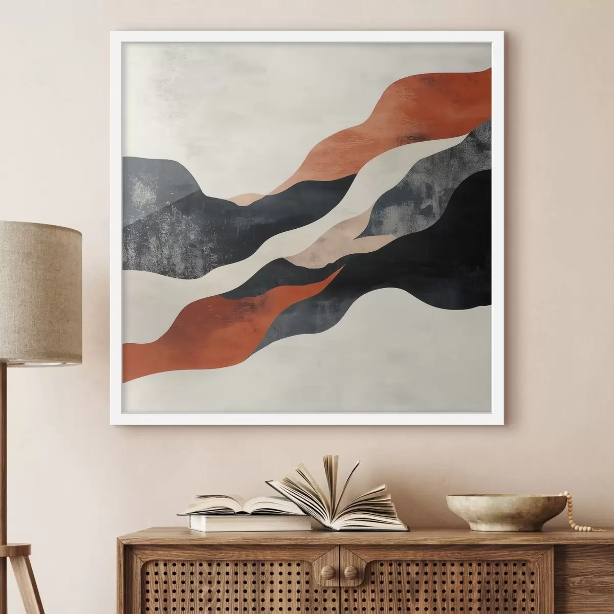 Poster Abstrakt, golvend landschap in een contrasterend palet van terracotta en donkerblauw f48881