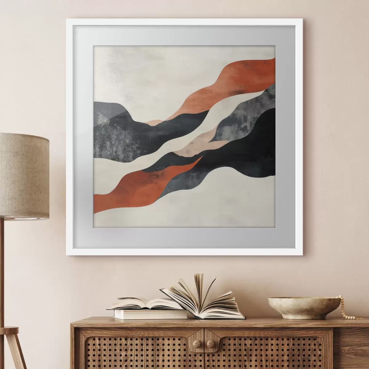 Poster Abstrakt, golvend landschap in een contrasterend palet van terracotta en donkerblauw f48881