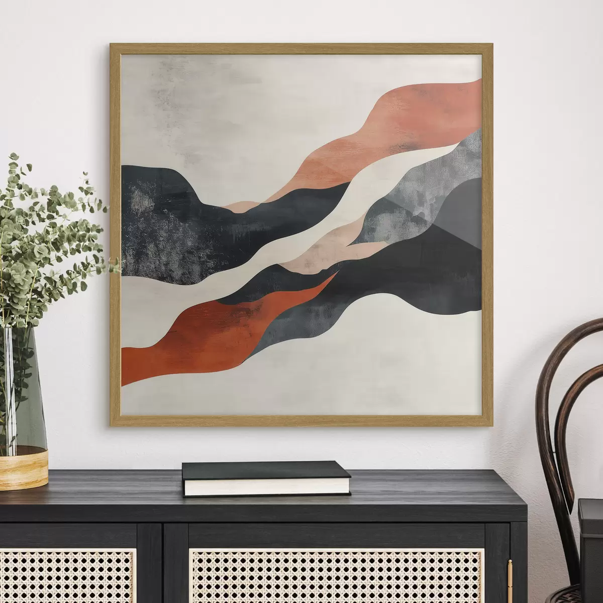 Poster Abstrakt, golvend landschap in een contrasterend palet van terracotta en donkerblauw f48881
