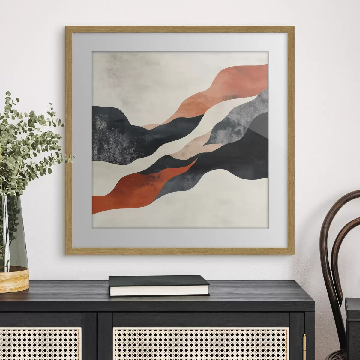 Poster Abstrakt, golvend landschap in een contrasterend palet van terracotta en donkerblauw f48881