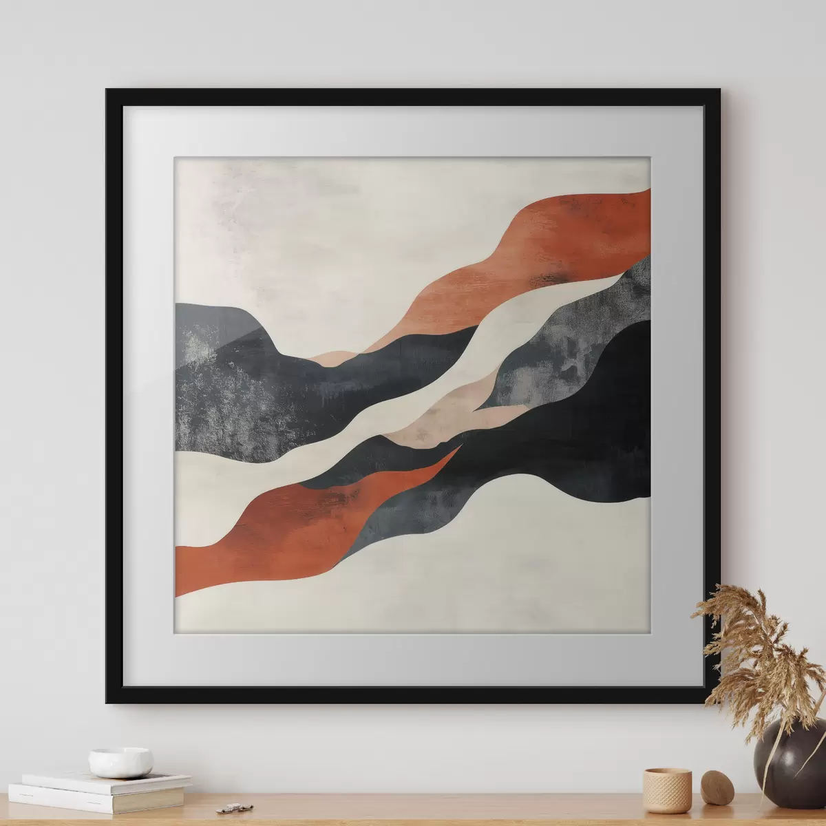 Poster Abstrakt, golvend landschap in een contrasterend palet van terracotta en donkerblauw f48881