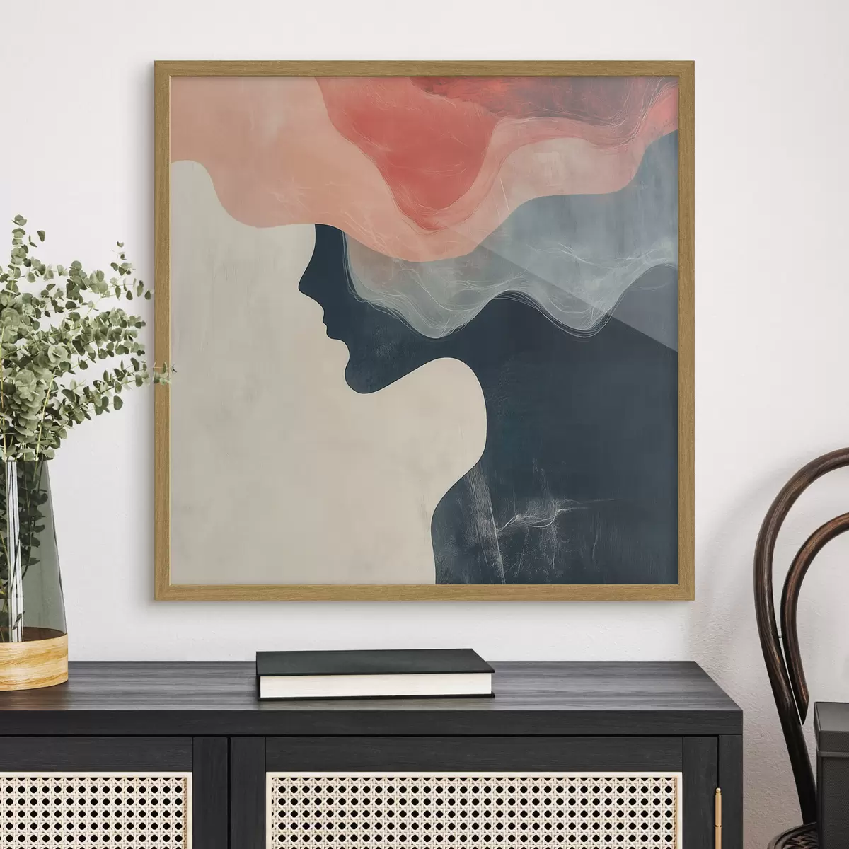 Poster Abstract vrouwelijk silhouet met koraalkleurige en blauwe golven in minimalistische stijl f48882