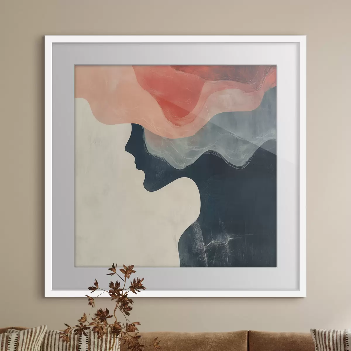 Poster Abstract vrouwelijk silhouet met koraalkleurige en blauwe golven in minimalistische stijl f48882