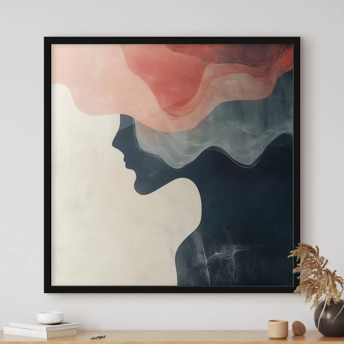 Poster Abstract vrouwelijk silhouet met koraalkleurige en blauwe golven in minimalistische stijl f48882