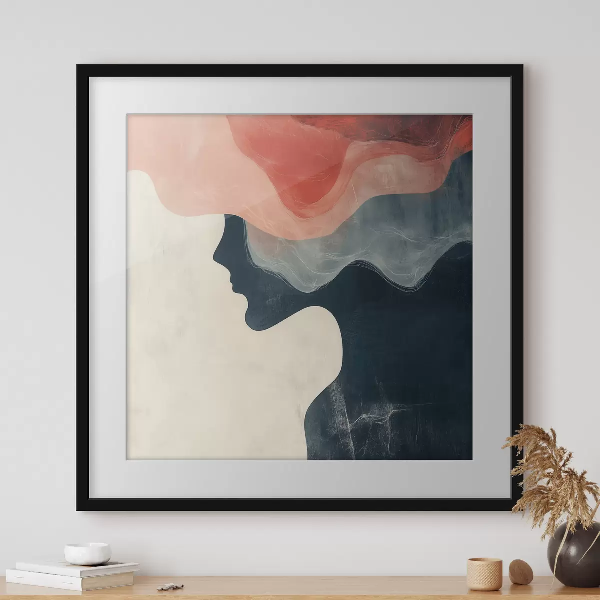 Poster Abstract vrouwelijk silhouet met koraalkleurige en blauwe golven in minimalistische stijl f48882