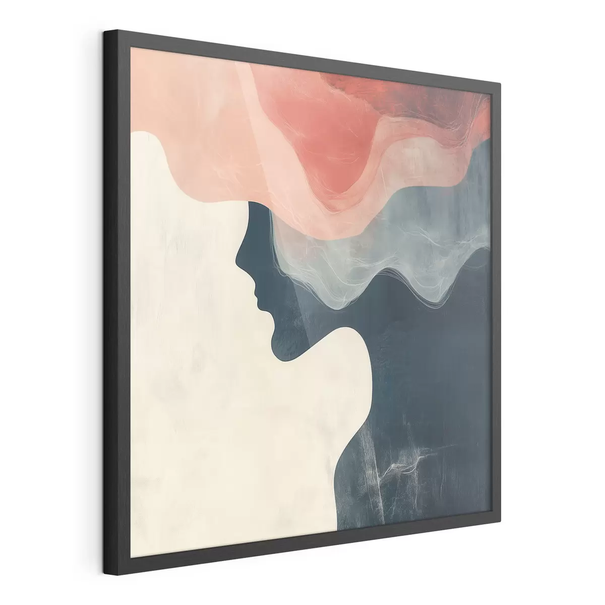 Poster Abstract vrouwelijk silhouet met koraalkleurige en blauwe golven in minimalistische stijl f48882
