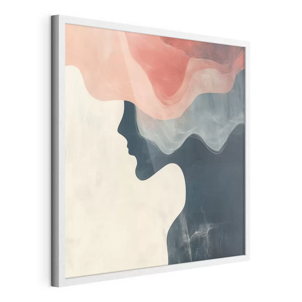 Poster Abstract vrouwelijk silhouet met koraalkleurige en blauwe golven in minimalistische stijl f48882