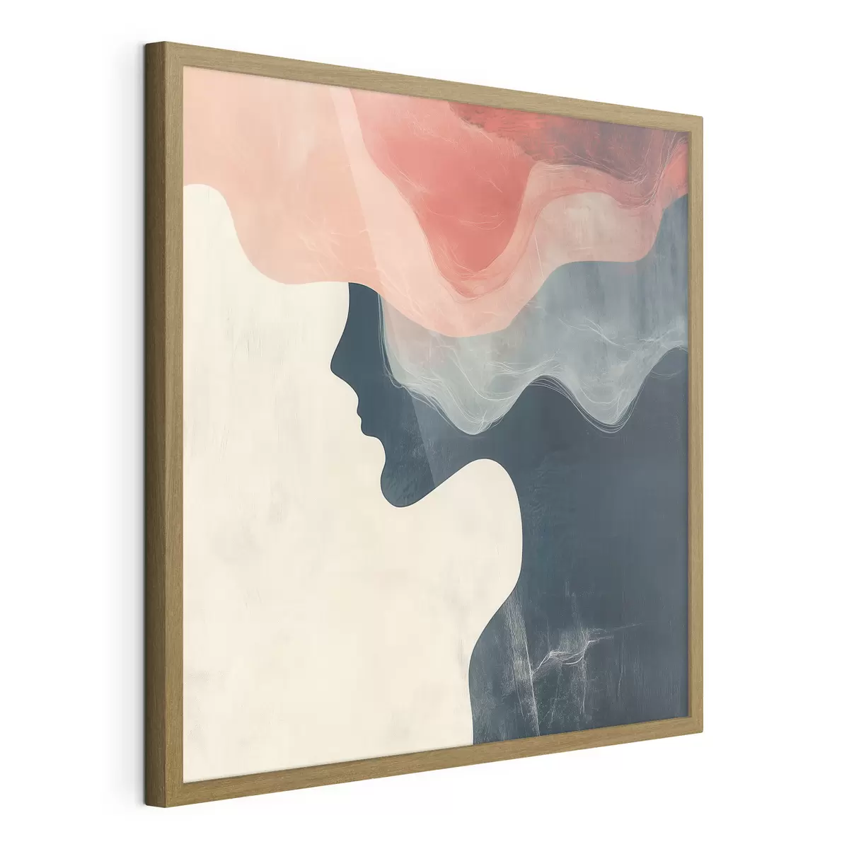Poster Abstract vrouwelijk silhouet met koraalkleurige en blauwe golven in minimalistische stijl f48882