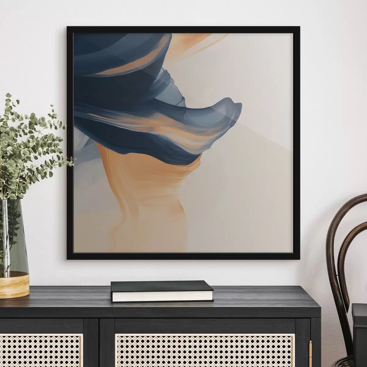 Poster Compositie met diepblauwe en warme perzikkleurige tinten in een eigentijdse schilderstijl f48883