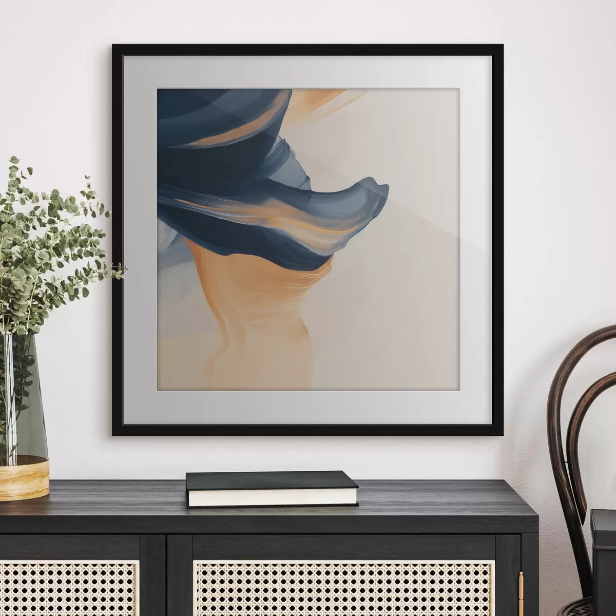 Poster Compositie met diepblauwe en warme perzikkleurige tinten in een eigentijdse schilderstijl f48883