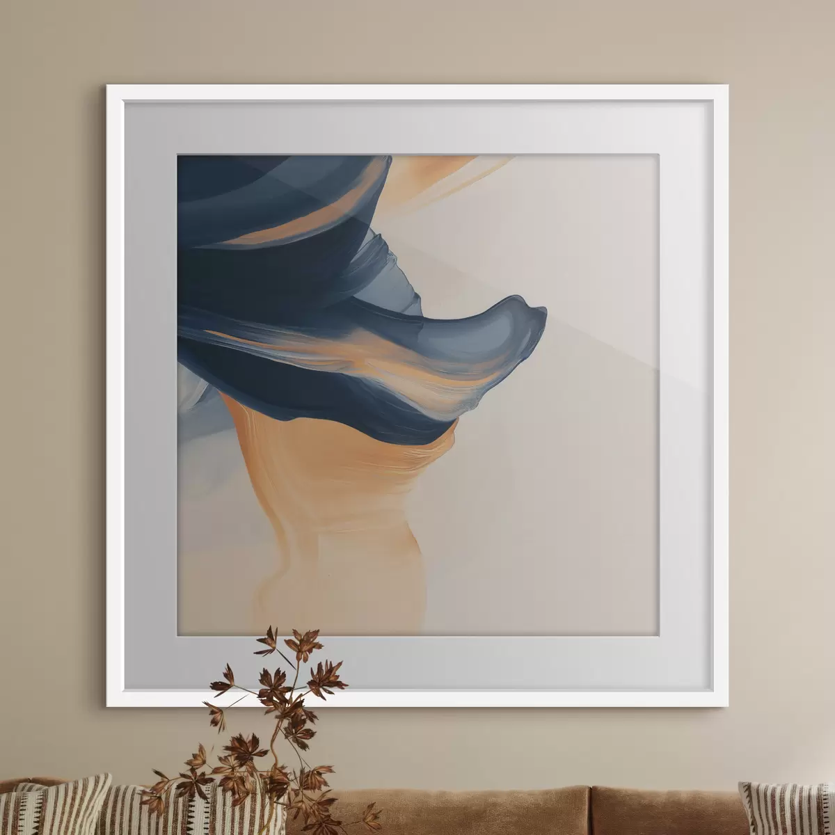 Poster Compositie met diepblauwe en warme perzikkleurige tinten in een eigentijdse schilderstijl f48883