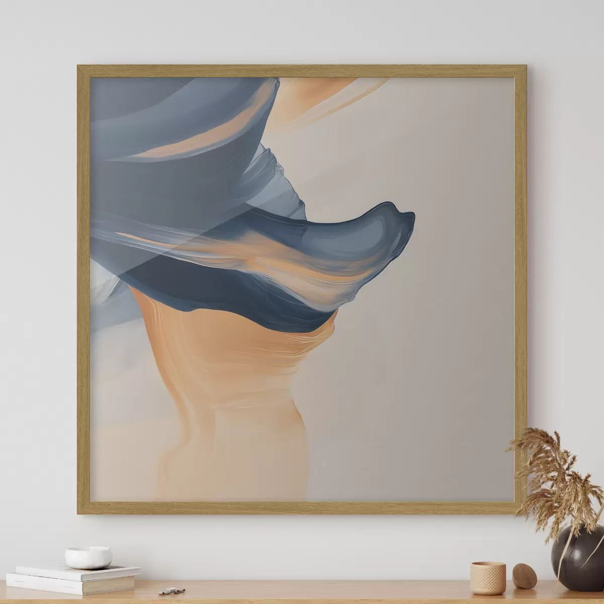 Poster Compositie met diepblauwe en warme perzikkleurige tinten in een eigentijdse schilderstijl f48883