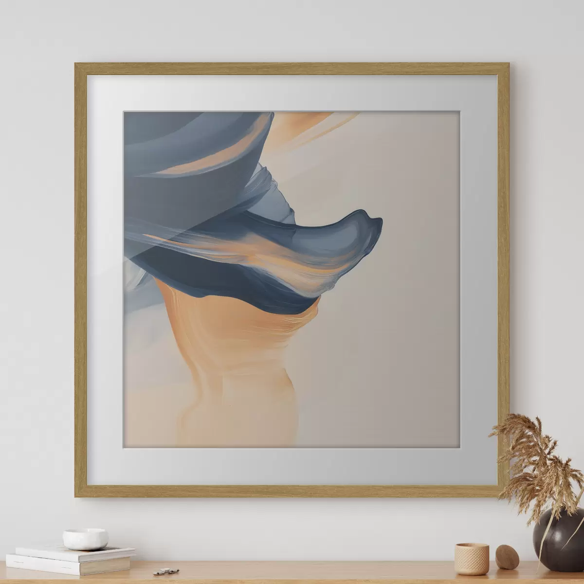 Poster Compositie met diepblauwe en warme perzikkleurige tinten in een eigentijdse schilderstijl f48883