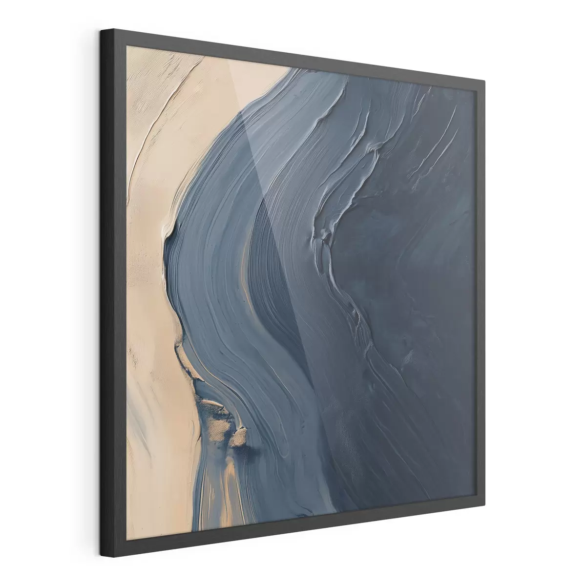 Poster Abstracte diepblauwe golven op een beige achtergrond met expressieve penseelstreken in de stijl van een olieverfschilderij f48884