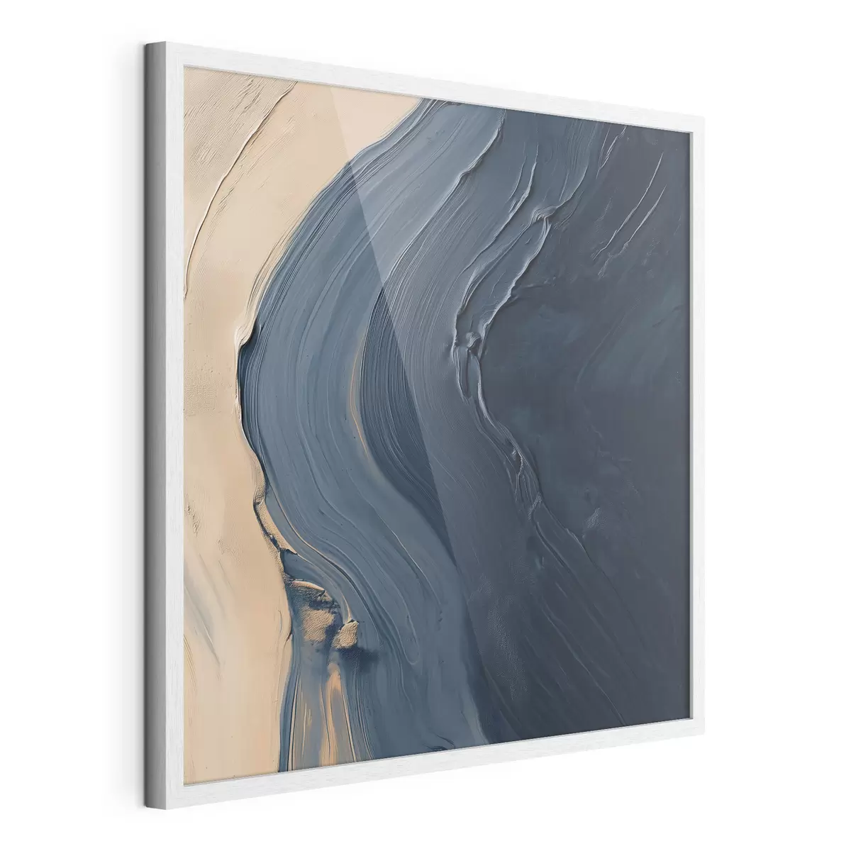 Poster Abstracte diepblauwe golven op een beige achtergrond met expressieve penseelstreken in de stijl van een olieverfschilderij f48884