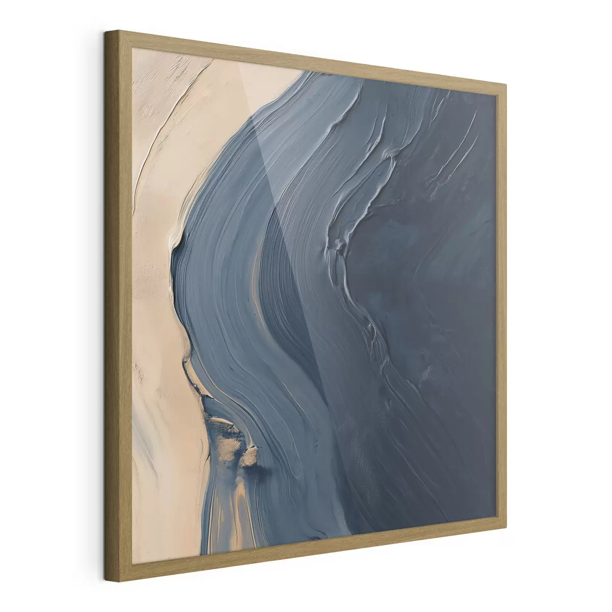 Poster Abstracte diepblauwe golven op een beige achtergrond met expressieve penseelstreken in de stijl van een olieverfschilderij f48884
