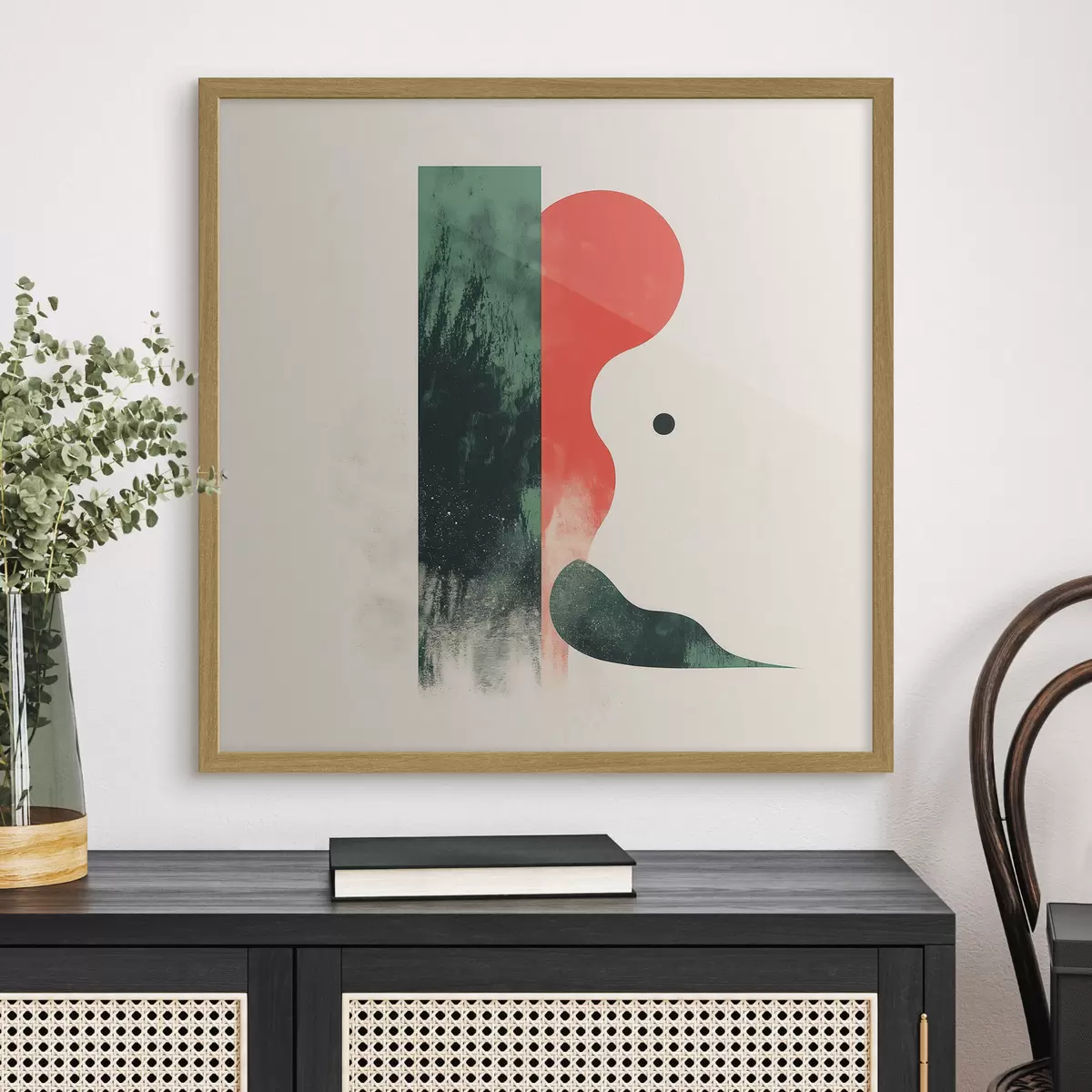 Poster Hedendaagse geometrische compositie met abstracte figuren in rood en groen f48888