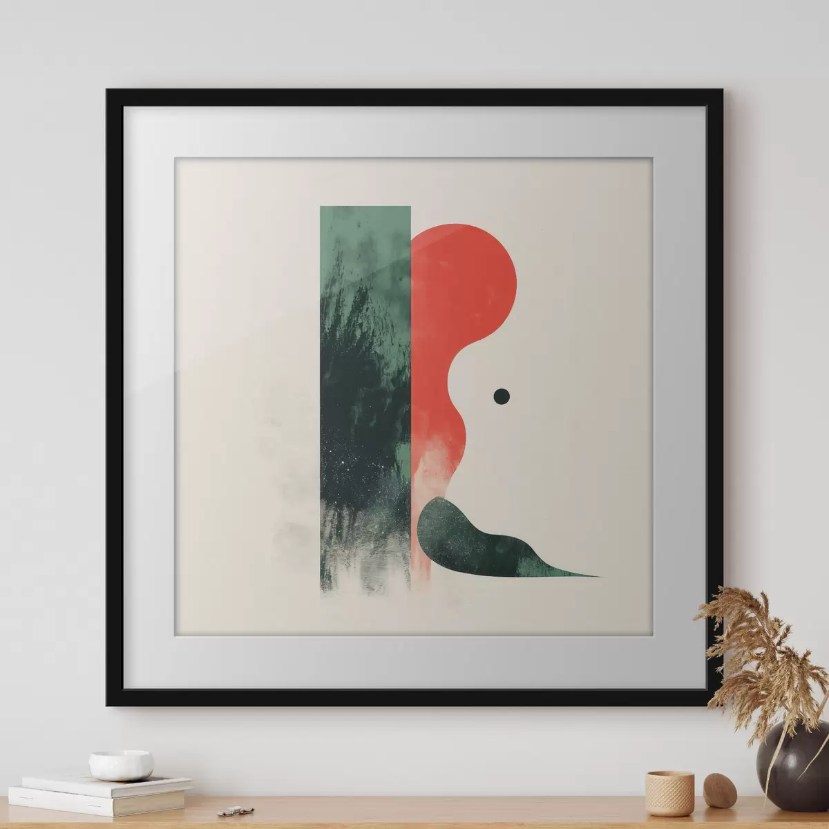 Poster Hedendaagse geometrische compositie met abstracte figuren in rood en groen f48888
