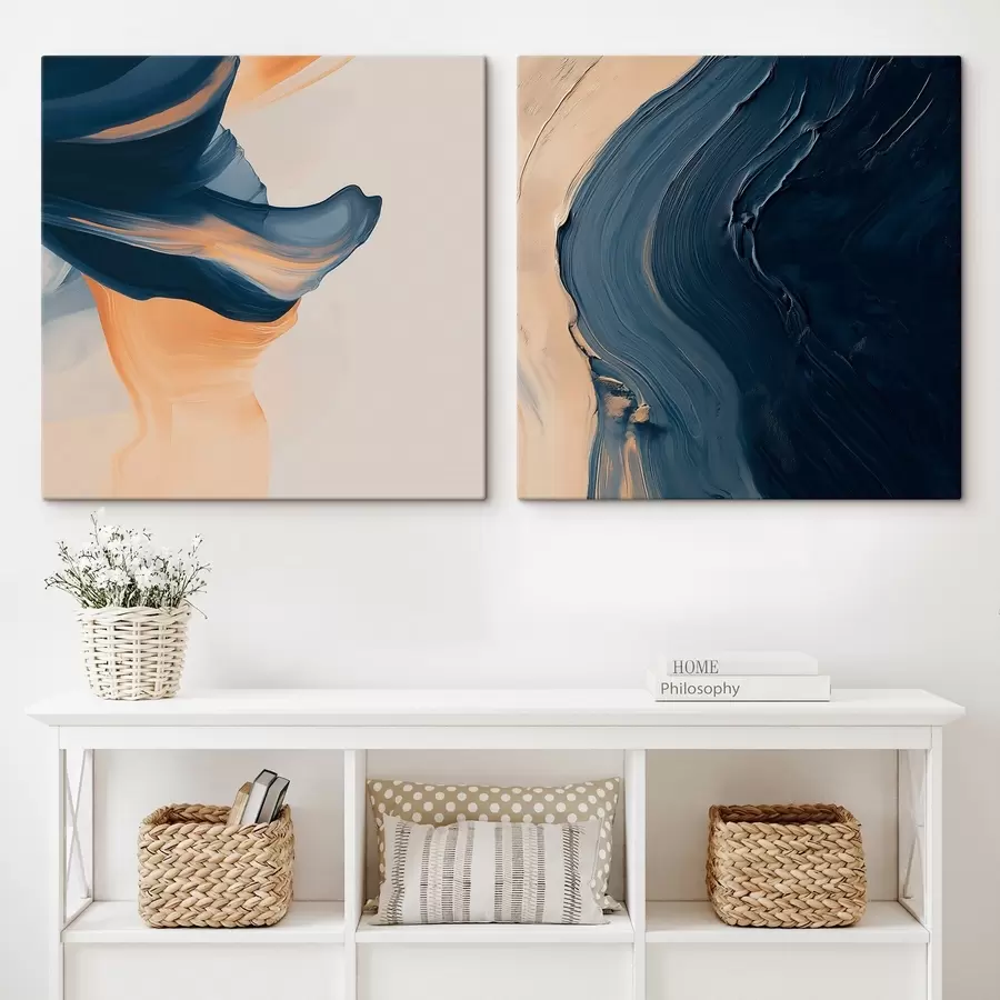  Schilderijen Decoratieve abstractie met dynamische, vloeiende lijnen en een contrasterende blauw-beige achtergrond m30368