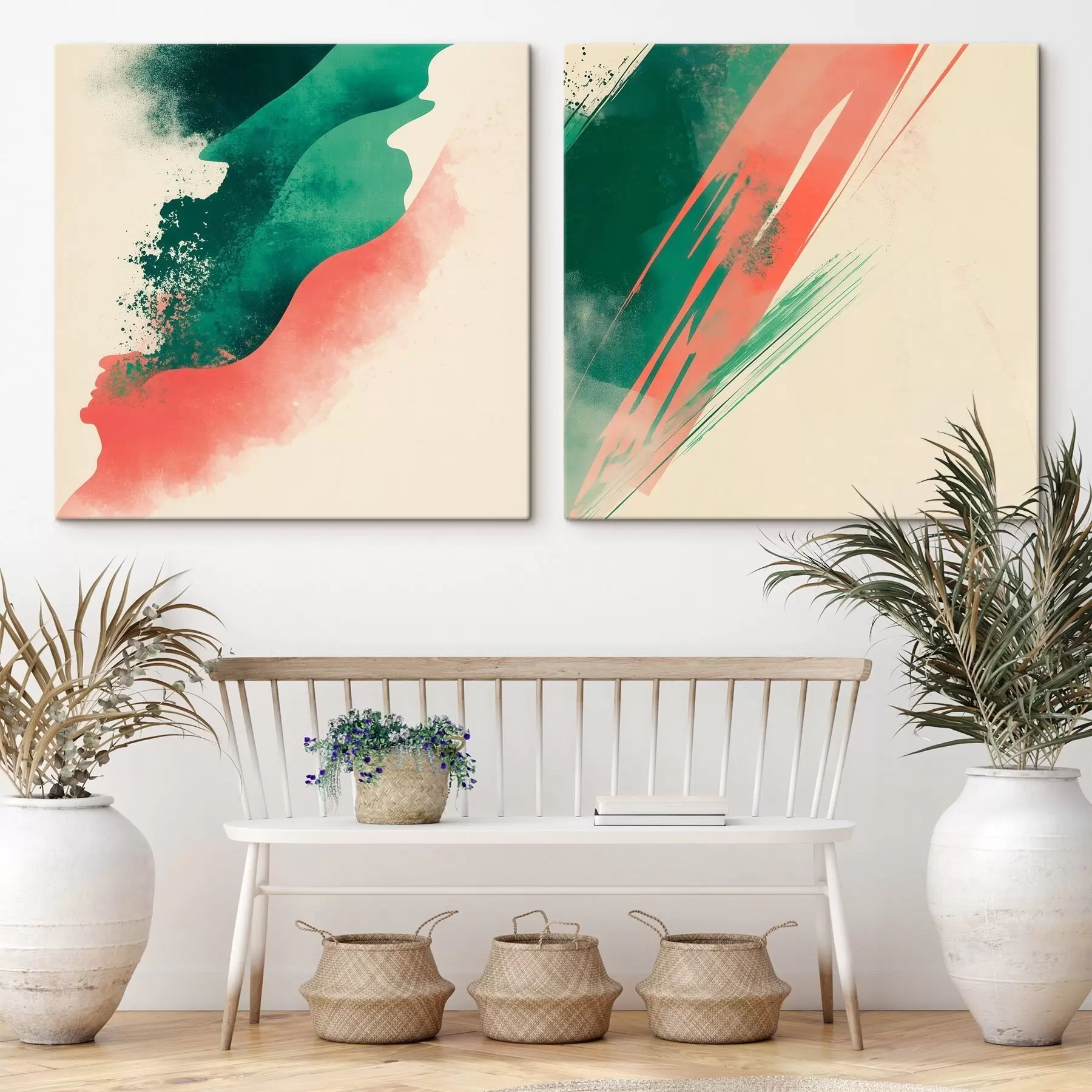  Schilderijen Abstract tweeluik met expressieve koraal- en smaragdgroene penseelstreken op een lichte achtergrond m30369