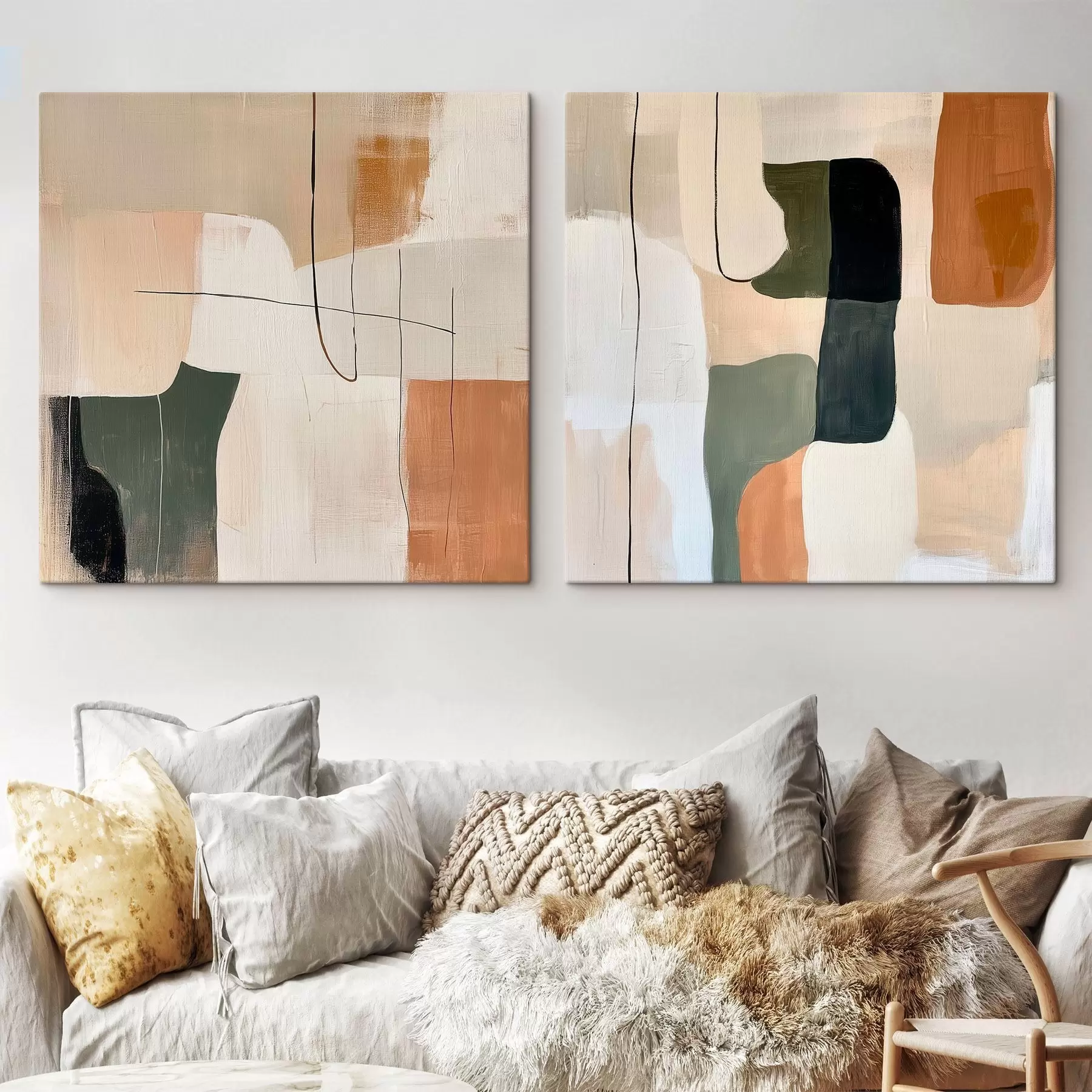  Schilderijen Abstract geometrisch tweeluik in een warm beige-terracottakleurig palet met olijfgroene accenten m30371