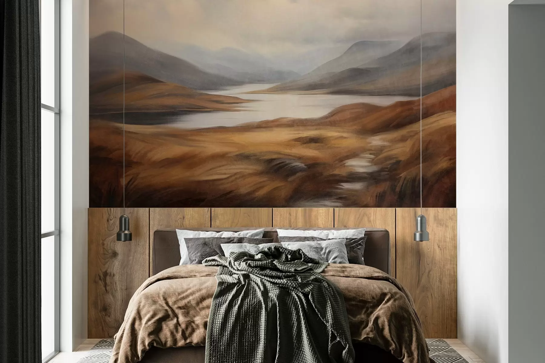 Fotobehang Een landschap met reliëf, een meer omringd door heuvels en bergen onder een bewolkte hemel met droog gras w09756