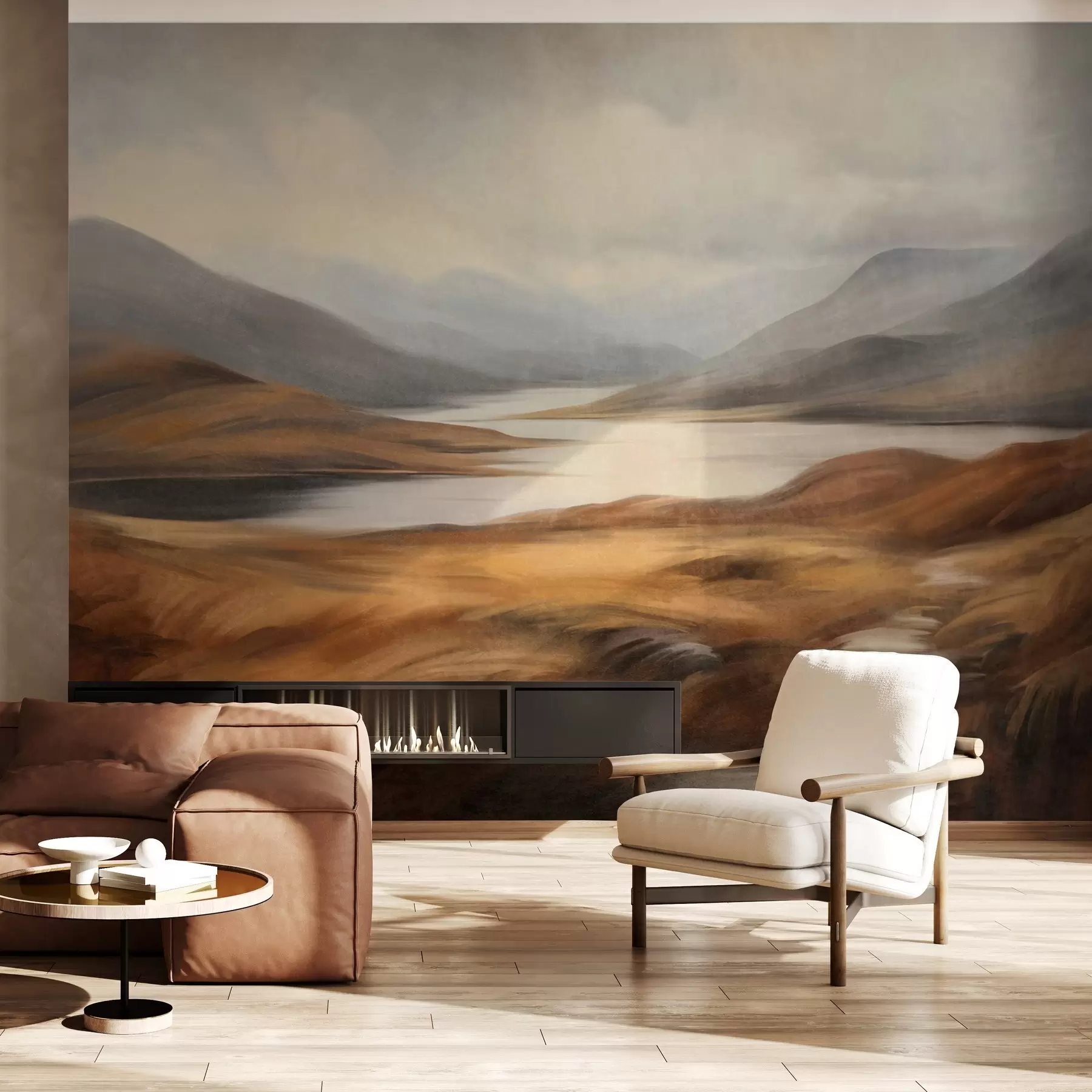 Fotobehang Een landschap met reliëf, een meer omringd door heuvels en bergen onder een bewolkte hemel met droog gras w09756