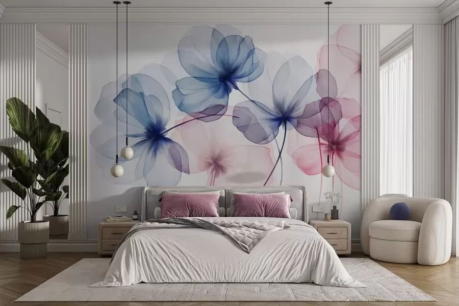 Fotobehang Doorschijnende, gestructureerde blauwe en roze bloemen op een lichte achtergrond, met elkaar overlappende delicate bloemblaadjes w09892